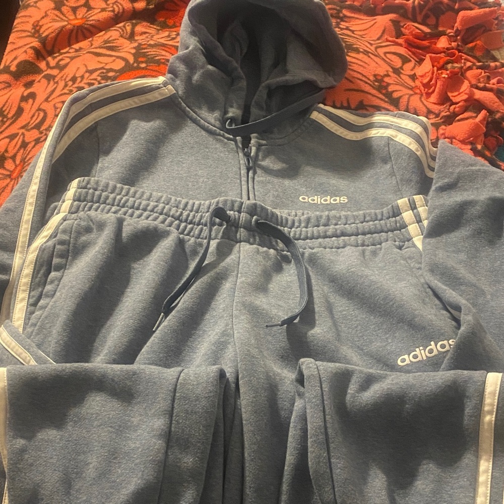 Adidas Heather Blue Hoodie Set with White Accents